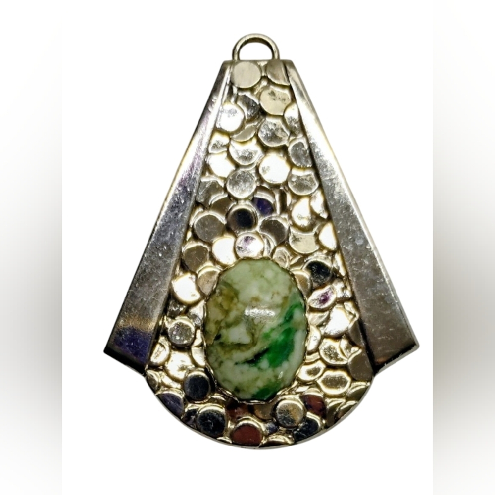 Natural Vintage Variscite  Green Sterling Silver Pendant 2" Long